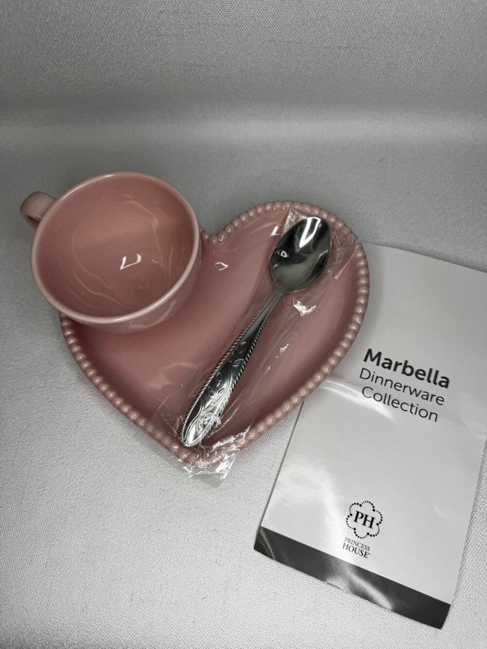 446. Marbelli Pink Heart Mug Plate & Spoon Snack Set NWOT